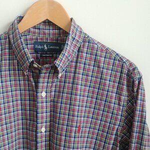 Ralph Lauren Mens Large 100% cotton red blue plaid button down shirt